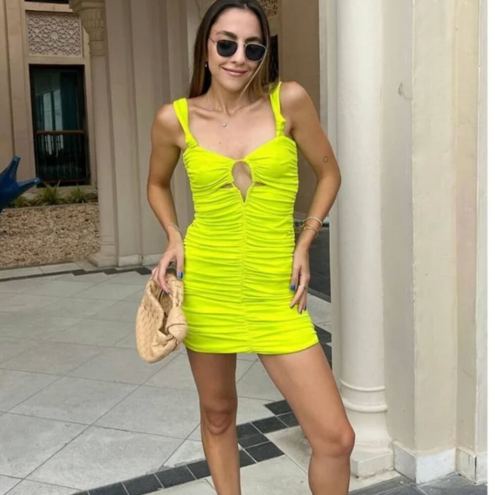 NWT  ZARA Neon Lime Green Cutout Draped Ruched Mini Dress